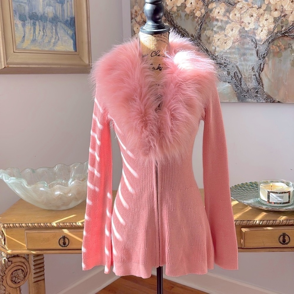 BOSTON PROPER pink Fur cardigan sweater rare sold out sexy romantic fall XS